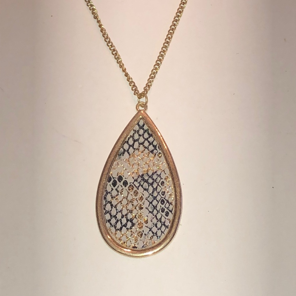 Gold Tone Teardrop Snake Print Boho Pendant Necklace